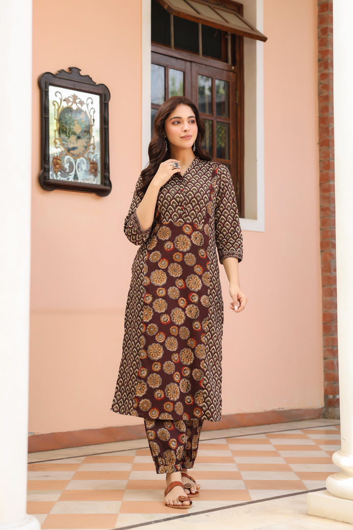 Brown Cotton Printed Kurta Pant Set