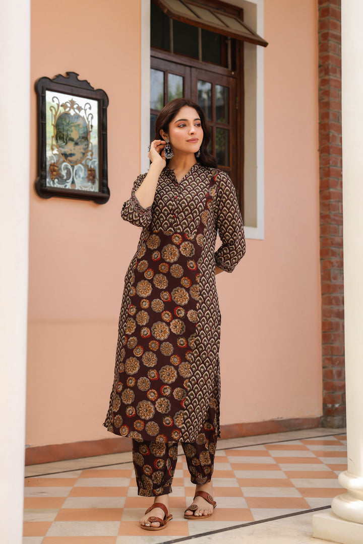 Brown Cotton Printed Kurta Pant Set
