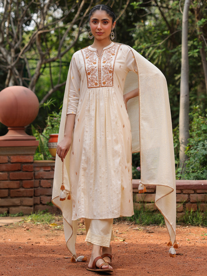 Beige Cotton Lurex Embroidered Kurta Pant Set with Dupatta