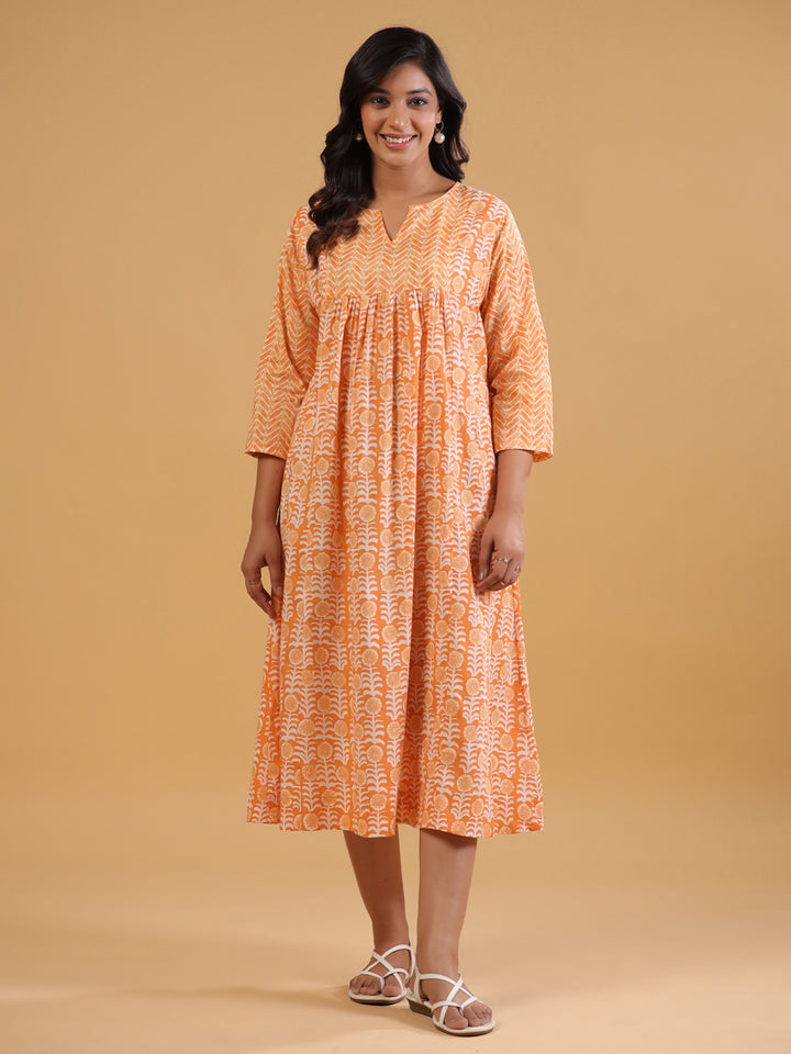 Rust Cotton Printed A-Line Dress