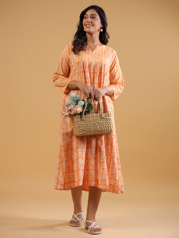 Rust Cotton Printed A-Line Dress