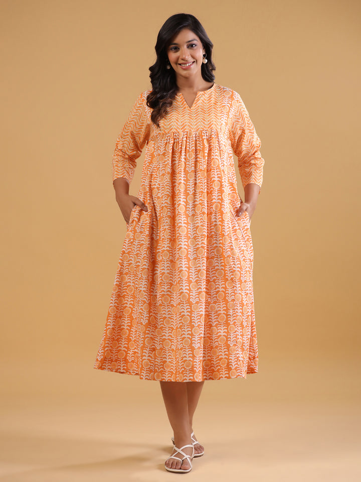 Rust Cotton Printed A-Line Dress