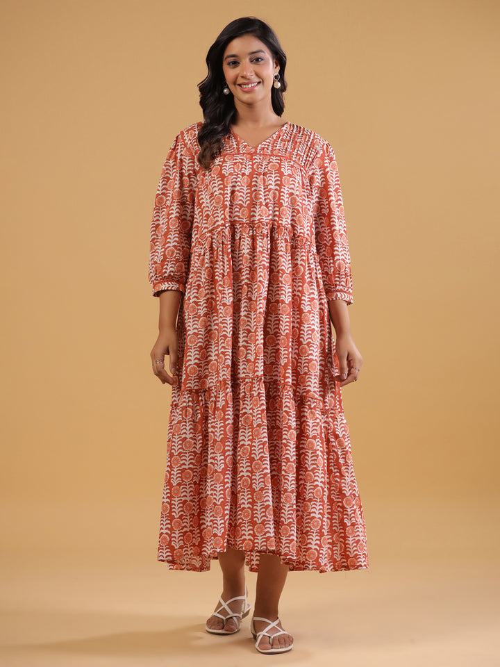 Orange Cotton Printed A-Line Casual Dress
