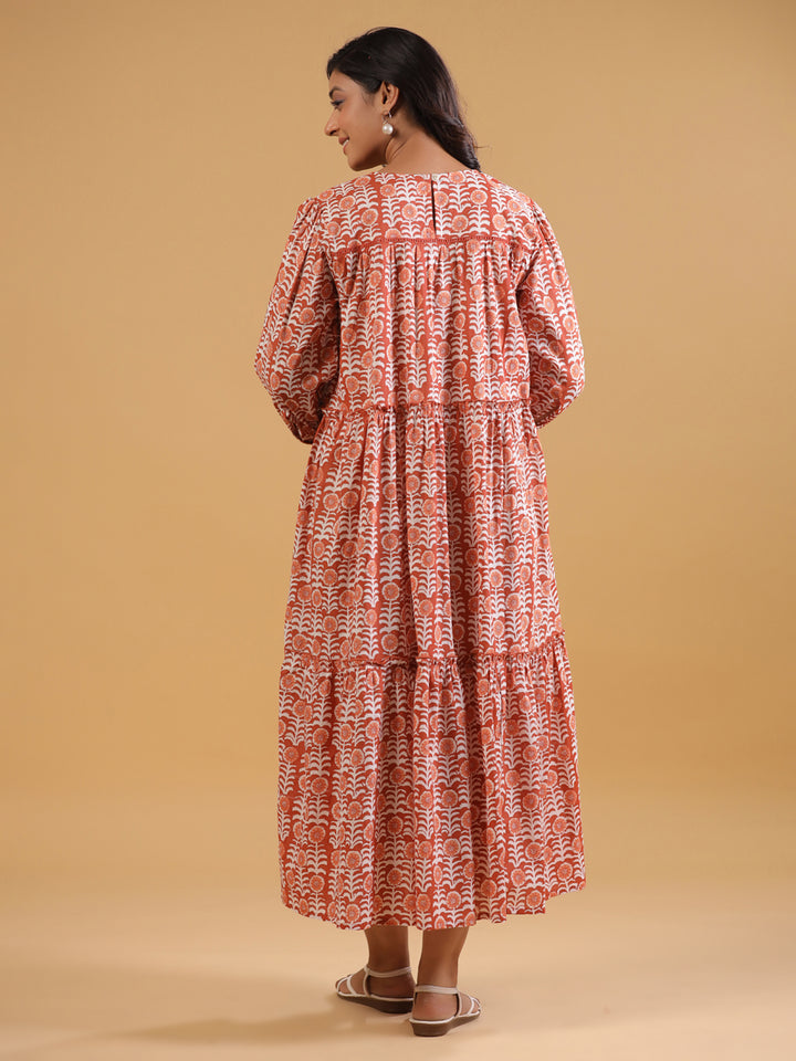 Orange Cotton Printed A-Line Casual Dress