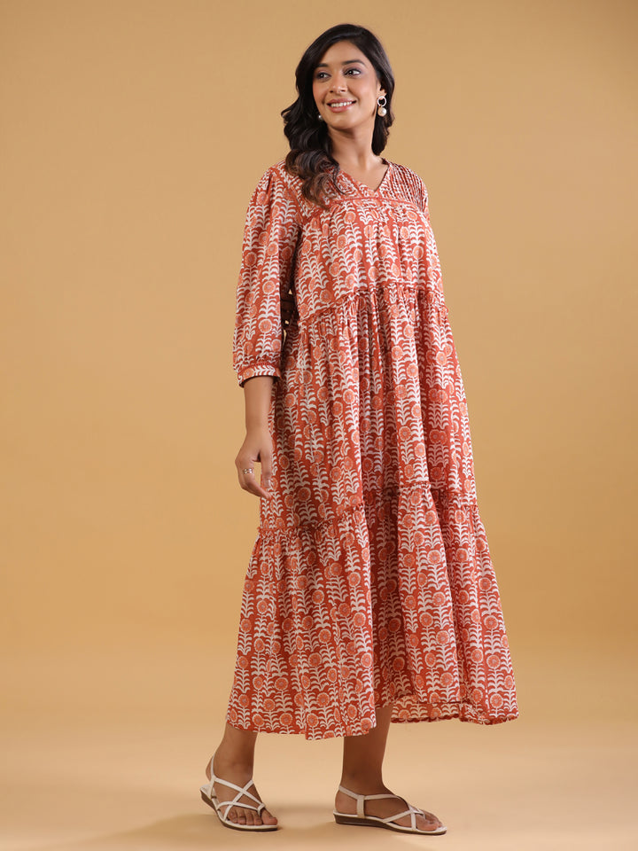 Orange Cotton Printed A-Line Casual Dress