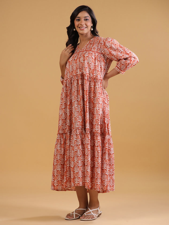 Orange Cotton Printed A-Line Casual Dress