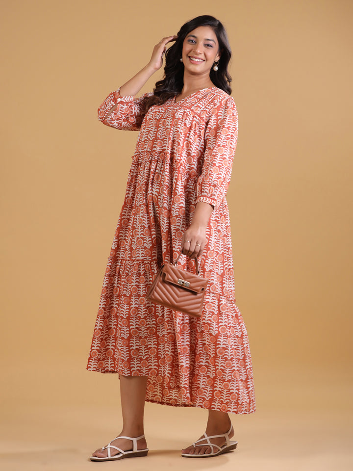 Orange Cotton Printed A-Line Casual Dress
