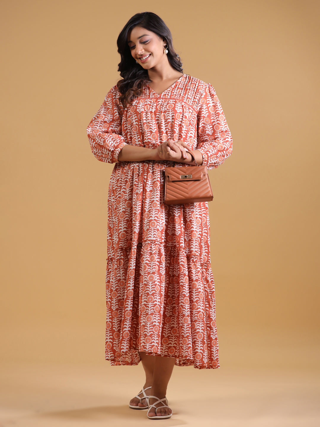white christmas dresses Orange Cotton Printed A-Line Casual Dress – Savi India