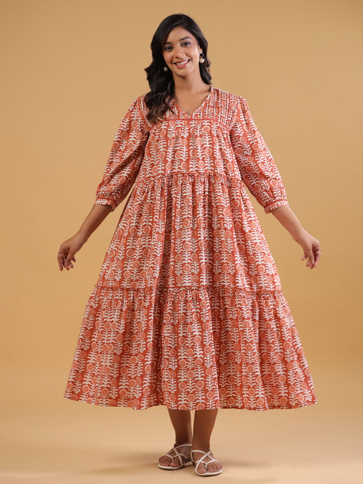 Orange Cotton Printed A-Line Casual Dress