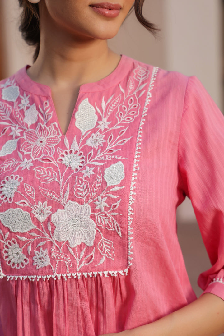 Pink Cotton Dobby Applique Top