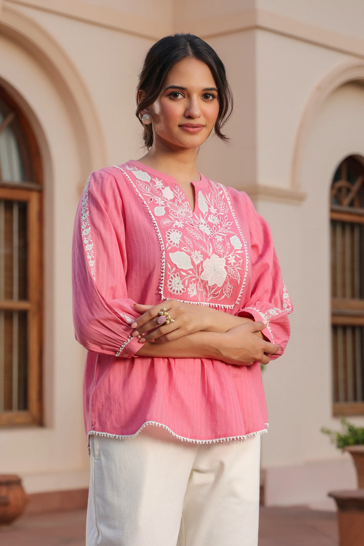 Pink Cotton Dobby Applique Top