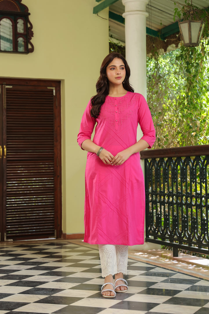 Pink Cotton Pintuck Detailed Kurta