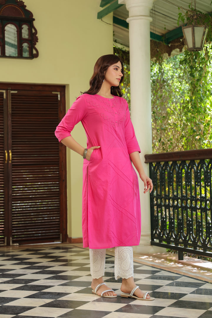 Pink Cotton Pintuck Detailed Kurta