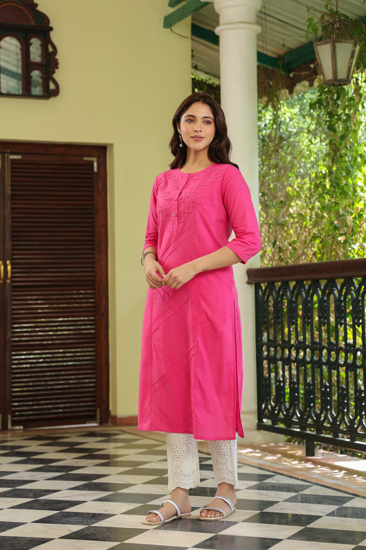 Pink Cotton Pintuck Detailed Kurta