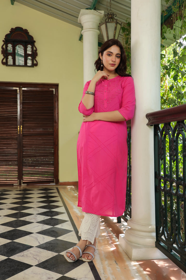Pink Cotton Pintuck Detailed Kurta