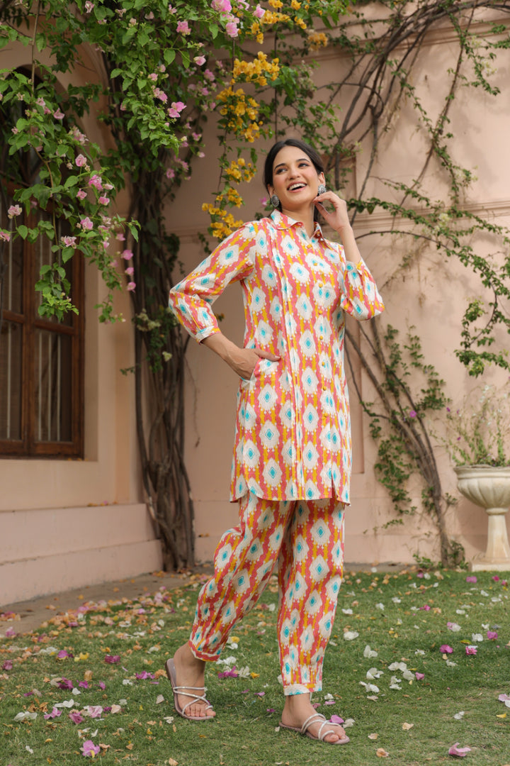 Pink Cotton Shirt Collar Kurta Co-Ord Set