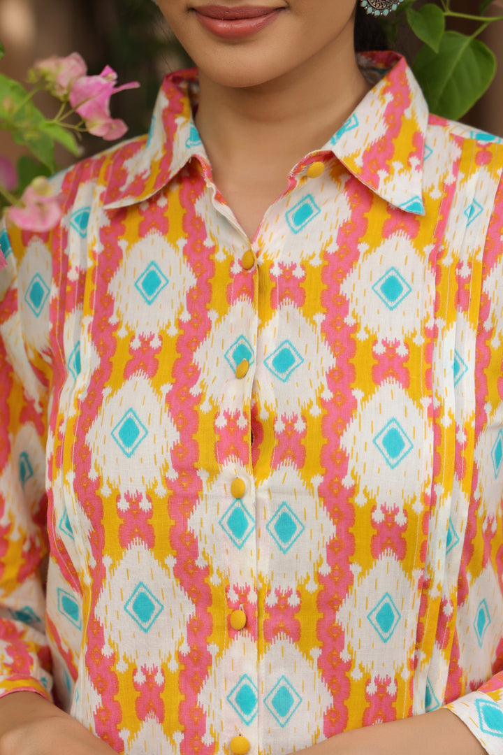 Pink Cotton Shirt Collar Kurta Co-Ord Set