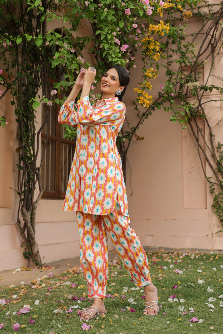 Pink Cotton Shirt Collar Kurta Co-Ord Set