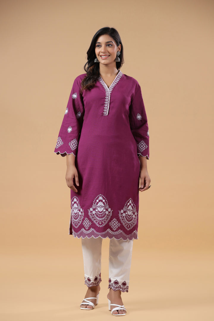 Purple Cotton Embroidered Designer Kurta Pant Set