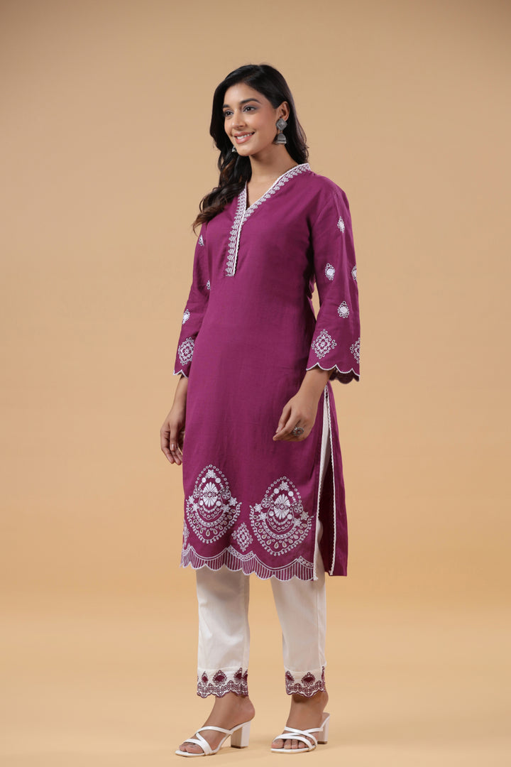 Purple Cotton Embroidered Designer Kurta Pant Set