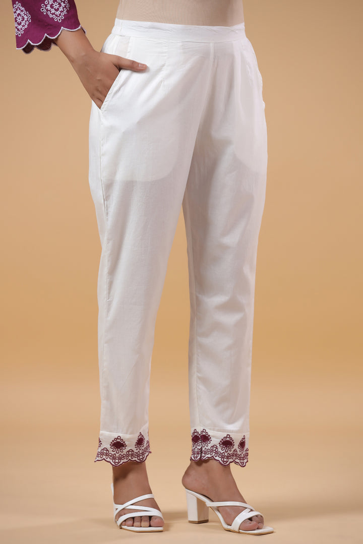 Purple Cotton Embroidered Designer Kurta Pant Set