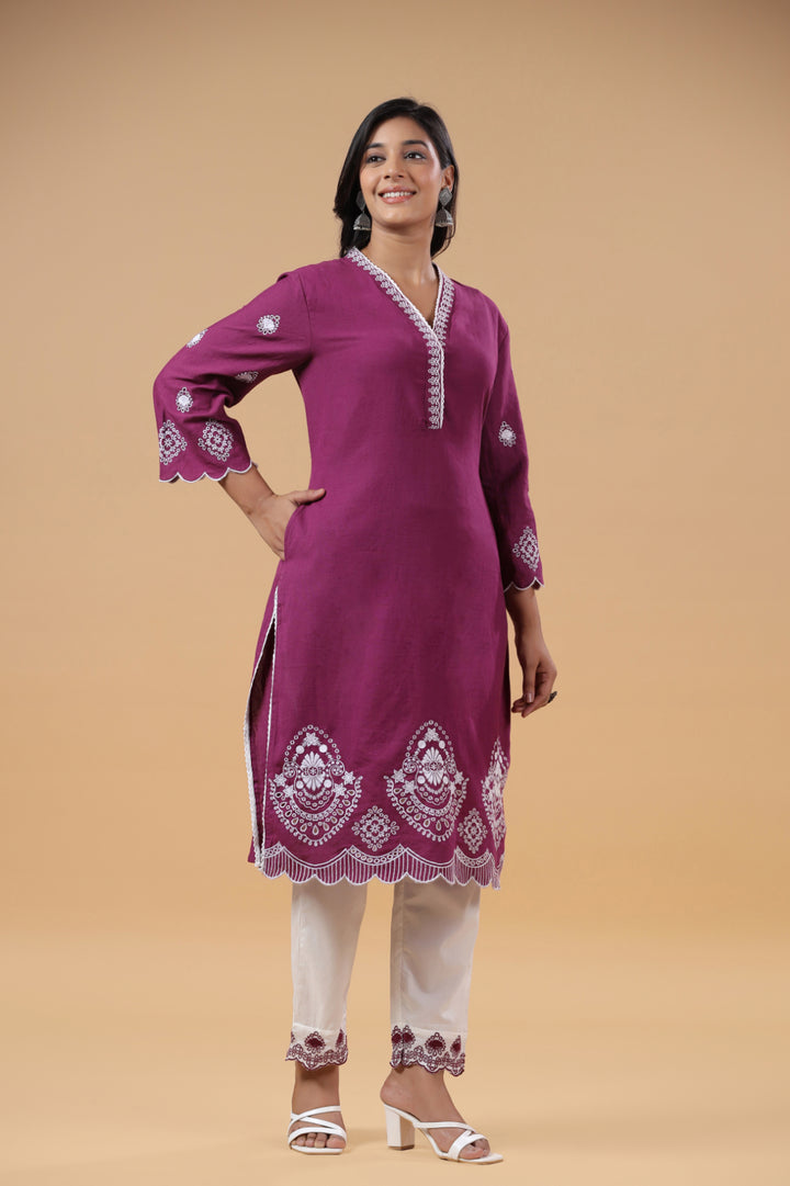 Purple Cotton Embroidered Designer Kurta Pant Set