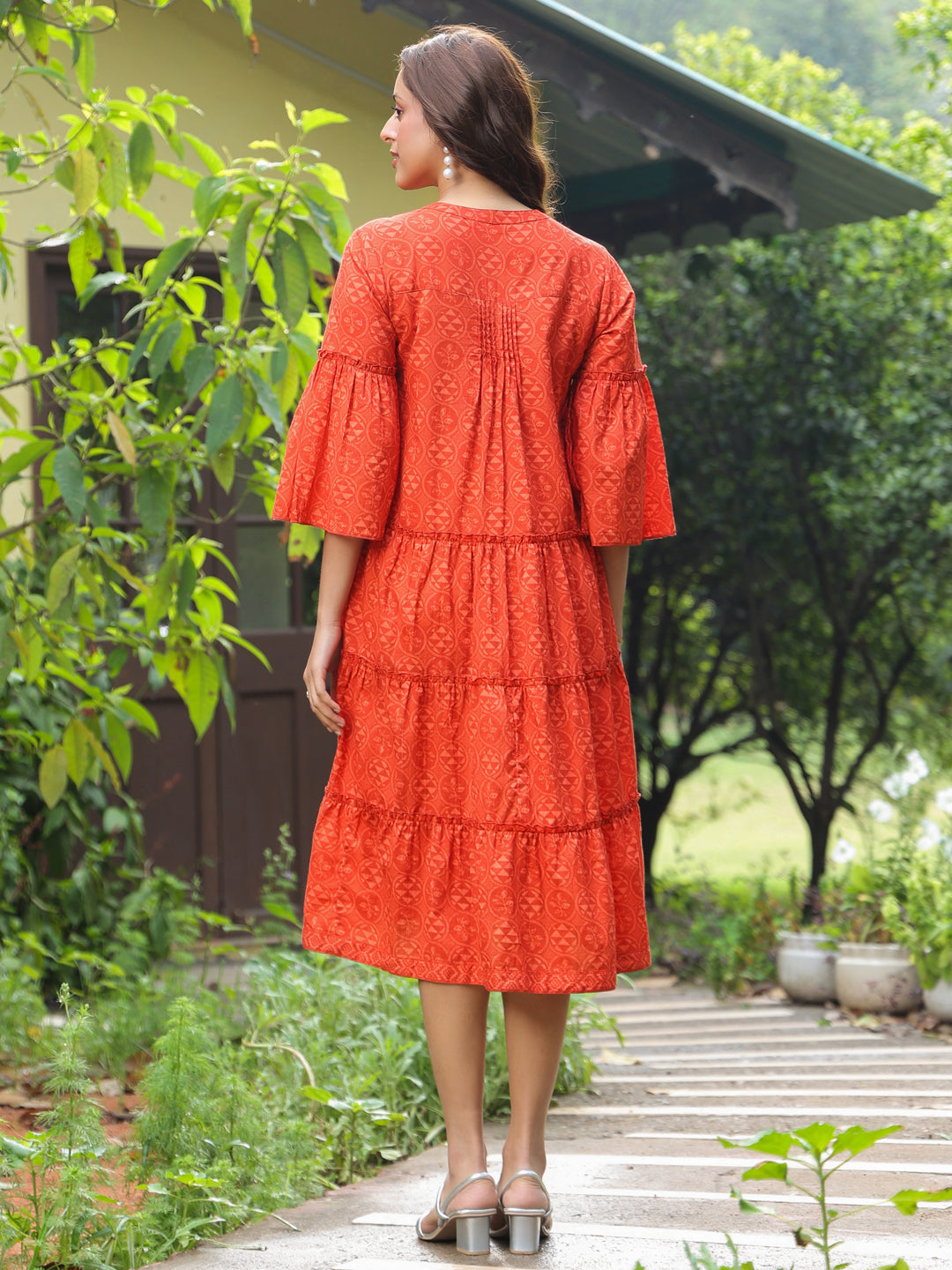 Red Cotton Printed Tiered Detailed Dress