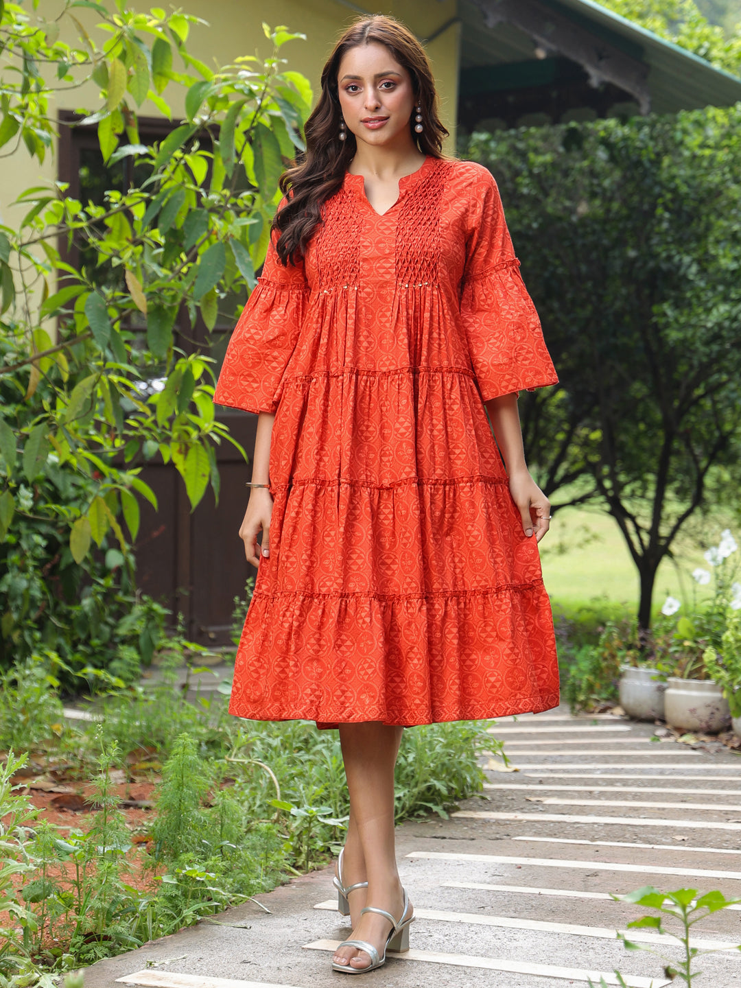 Red Cotton Printed Tiered Detailed Dress