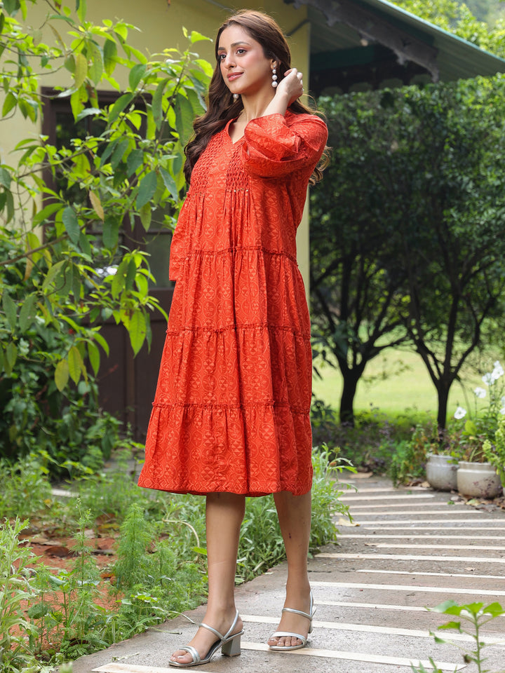 Red Cotton Printed Tiered Detailed Dress