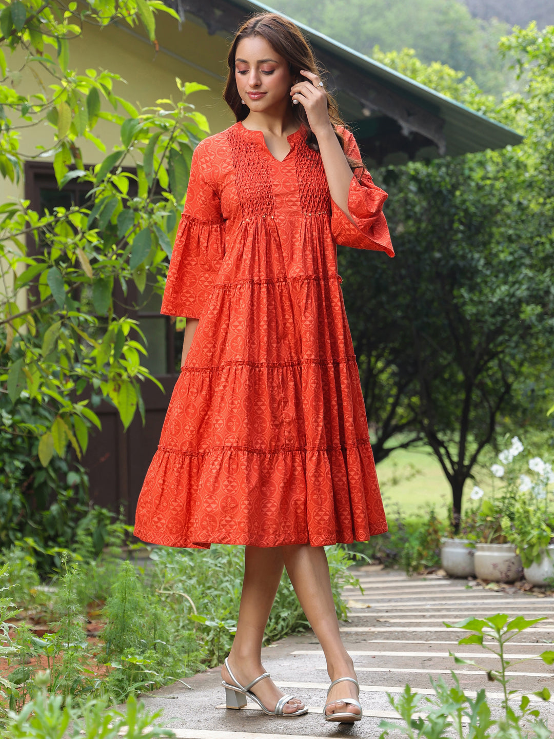 Red Cotton Printed Tiered Detailed Dress