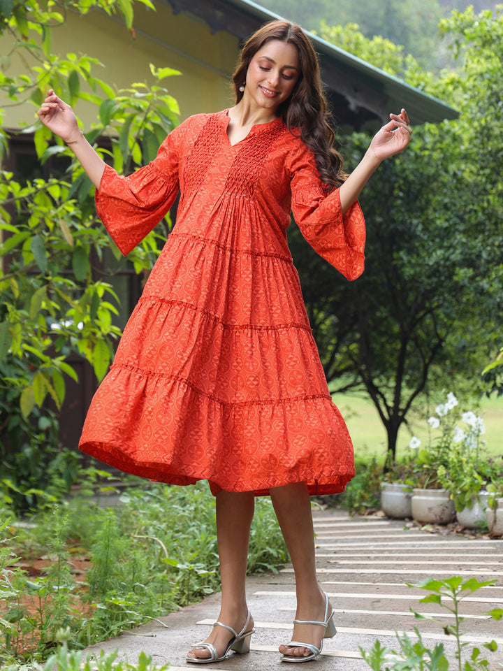 Red Cotton Printed Tiered Detailed Dress