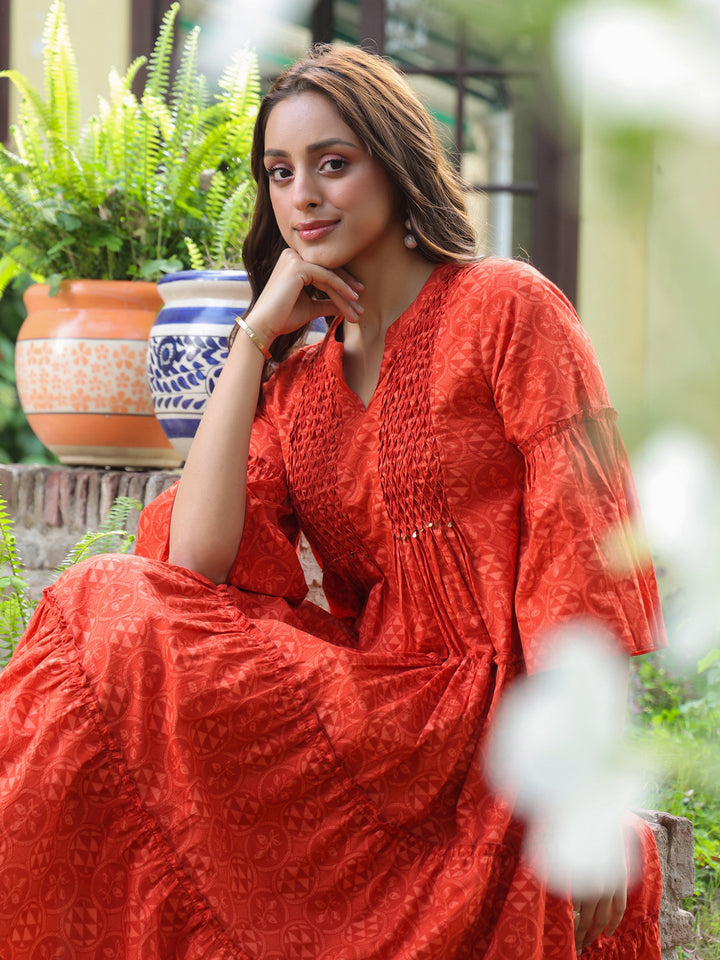 Red Cotton Printed Tiered Detailed Dress