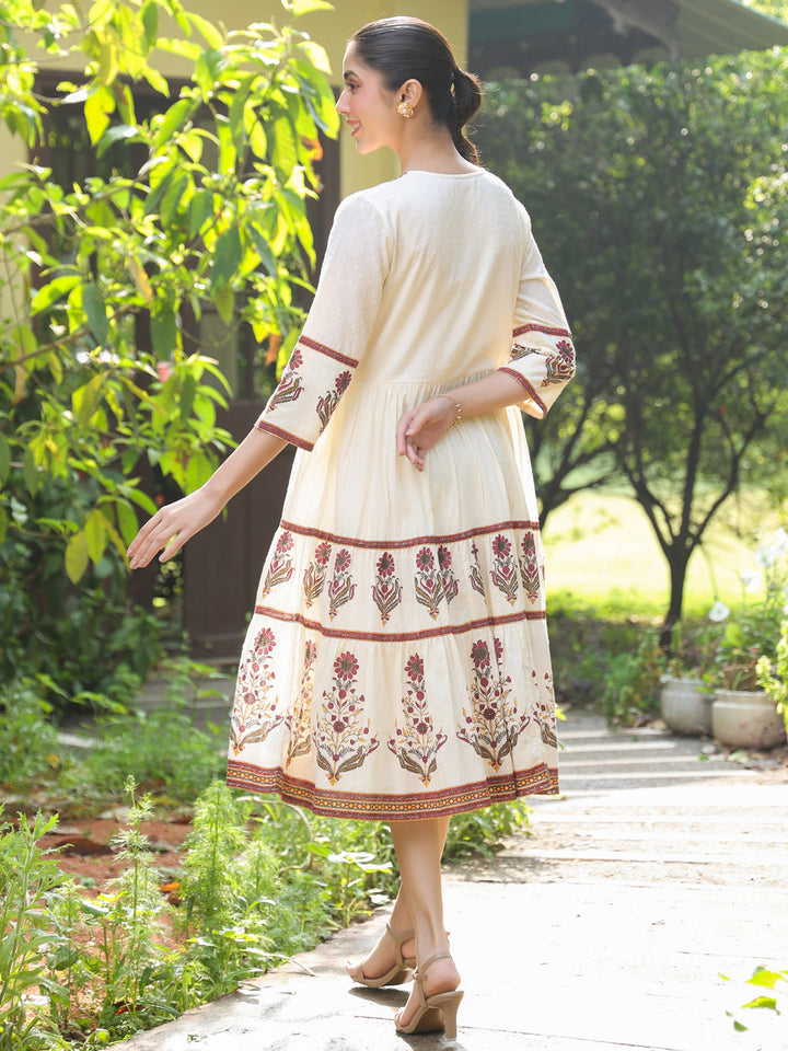 Off-White Floral Printed Cotton Dobby Flared Dress