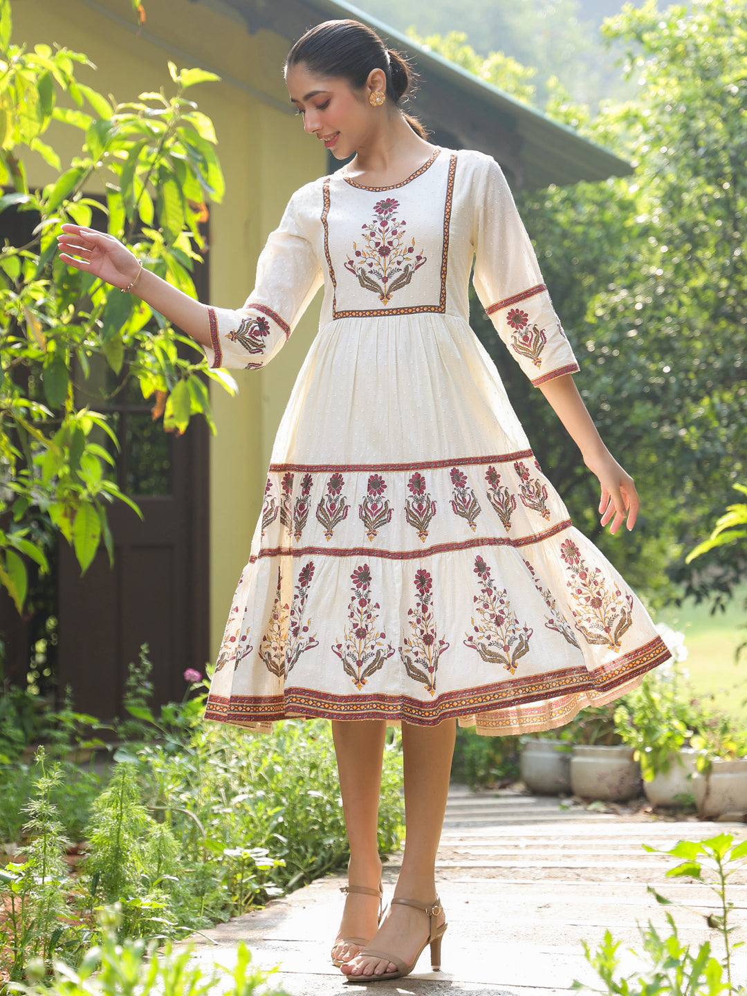 Off-White Floral Printed Cotton Dobby Flared Dress