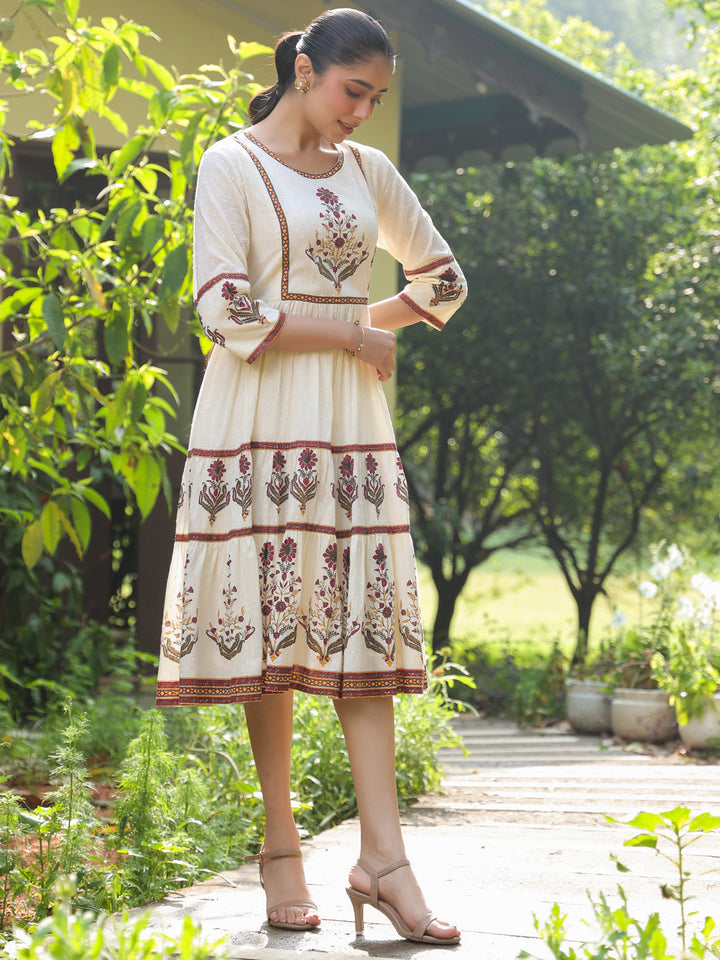 Off-White Floral Printed Cotton Dobby Flared Dress
