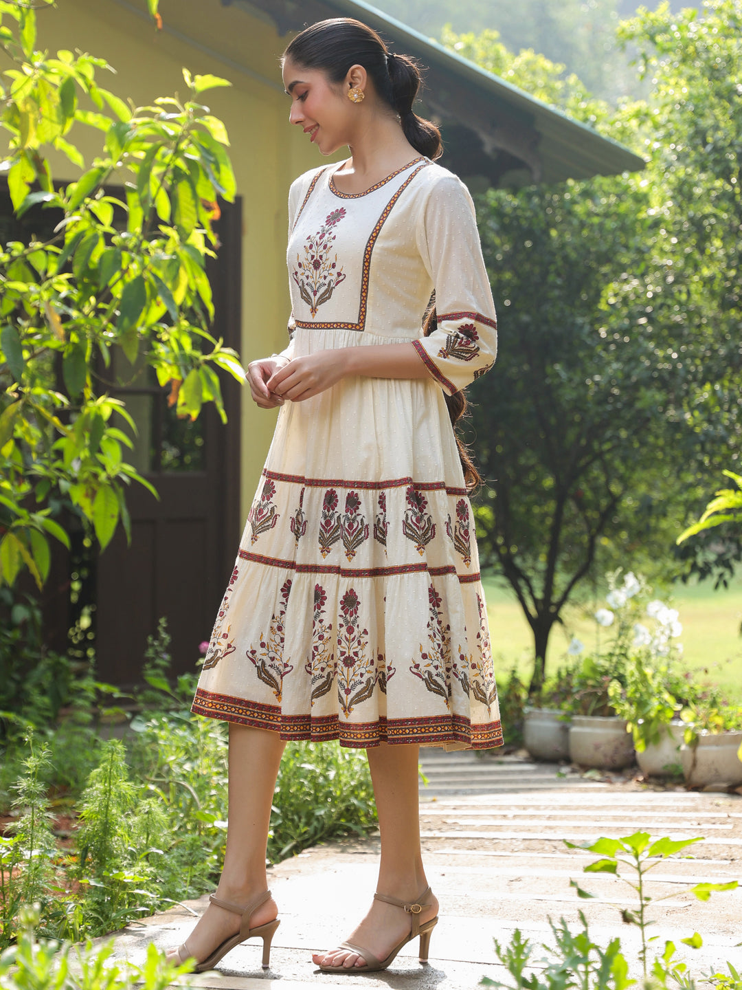 Off-White Floral Printed Cotton Dobby Flared Dress