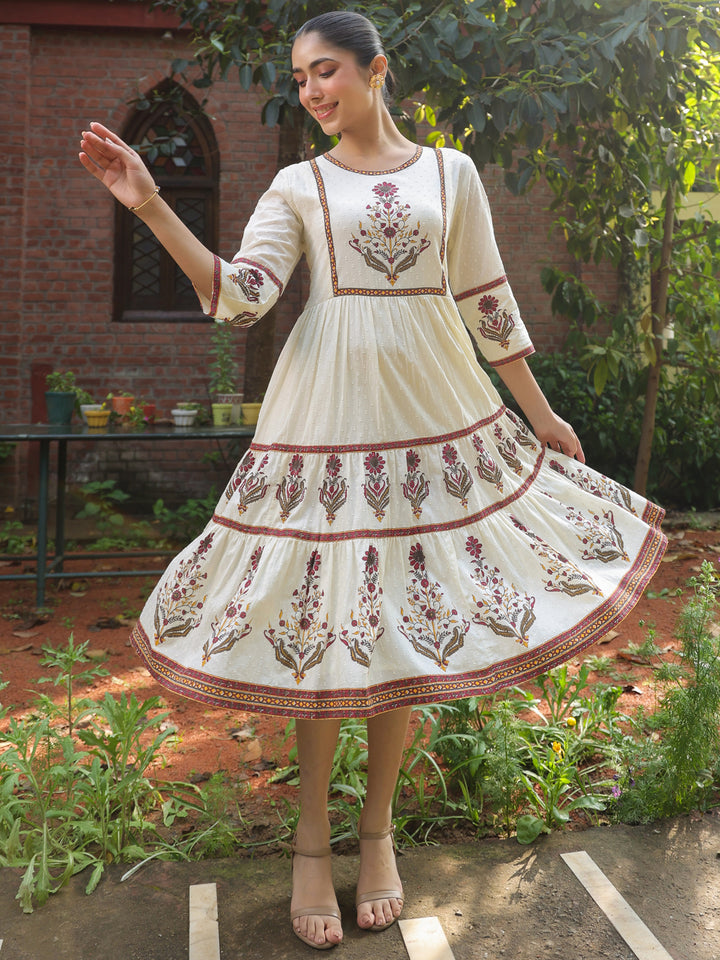 Off-White Floral Printed Cotton Dobby Flared Dress