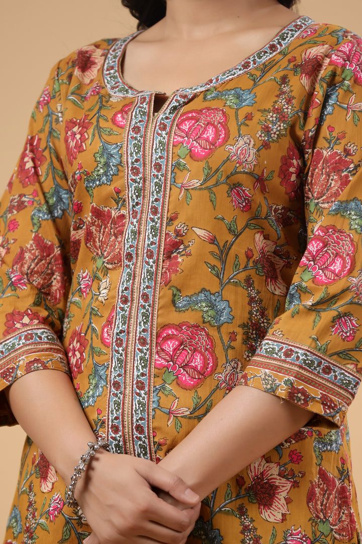 Mustard Cotton Floral Printed Front Slit Kurta Pant Set