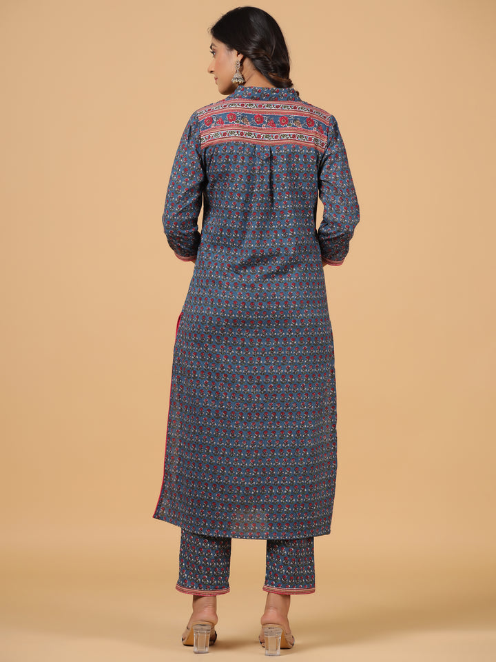 Blue Cotton Printed Shirt Collar Kurta Pant Set