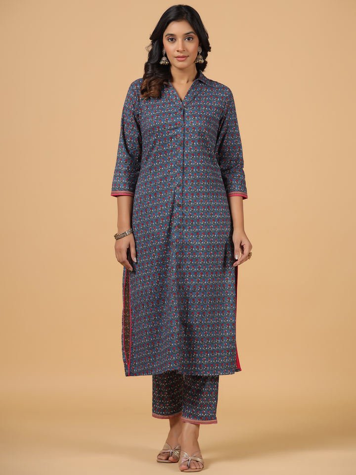 Blue Cotton Printed Shirt Collar Kurta Pant Set