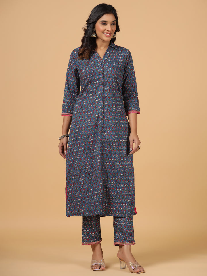 Blue Cotton Printed Shirt Collar Kurta Pant Set