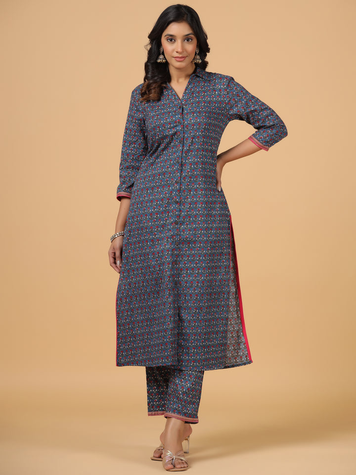 Blue Cotton Printed Shirt Collar Kurta Pant Set