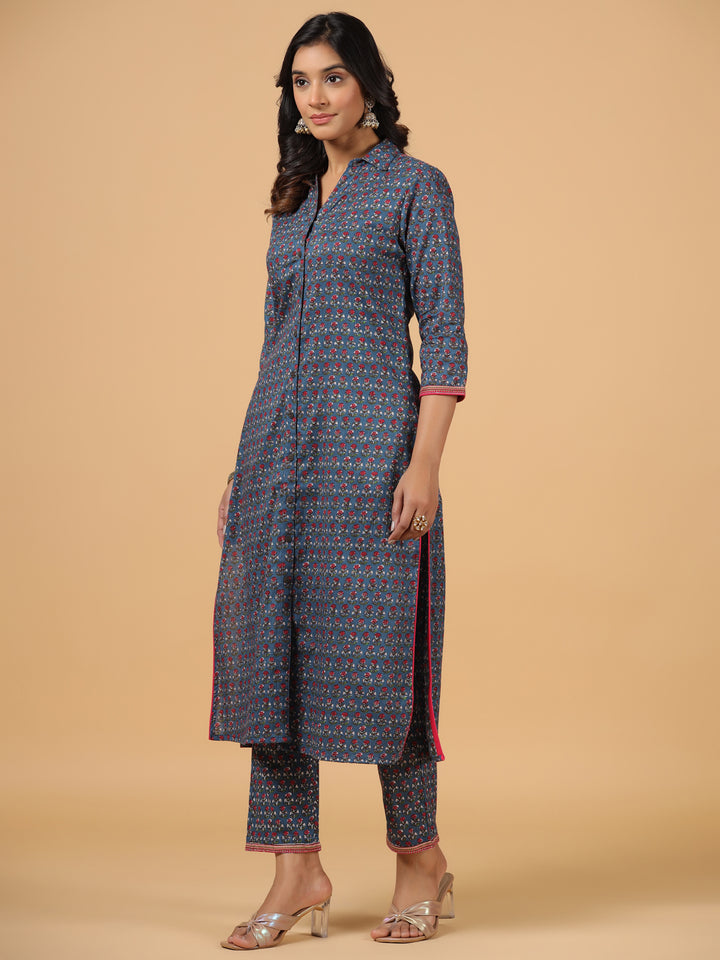 Blue Cotton Printed Shirt Collar Kurta Pant Set