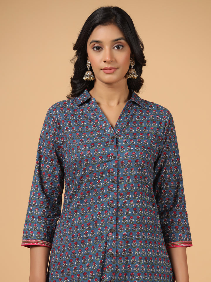 Blue Cotton Printed Shirt Collar Kurta Pant Set