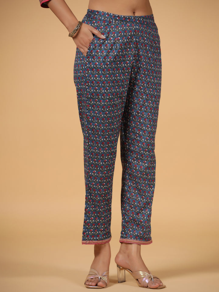 Blue Cotton Printed Shirt Collar Kurta Pant Set