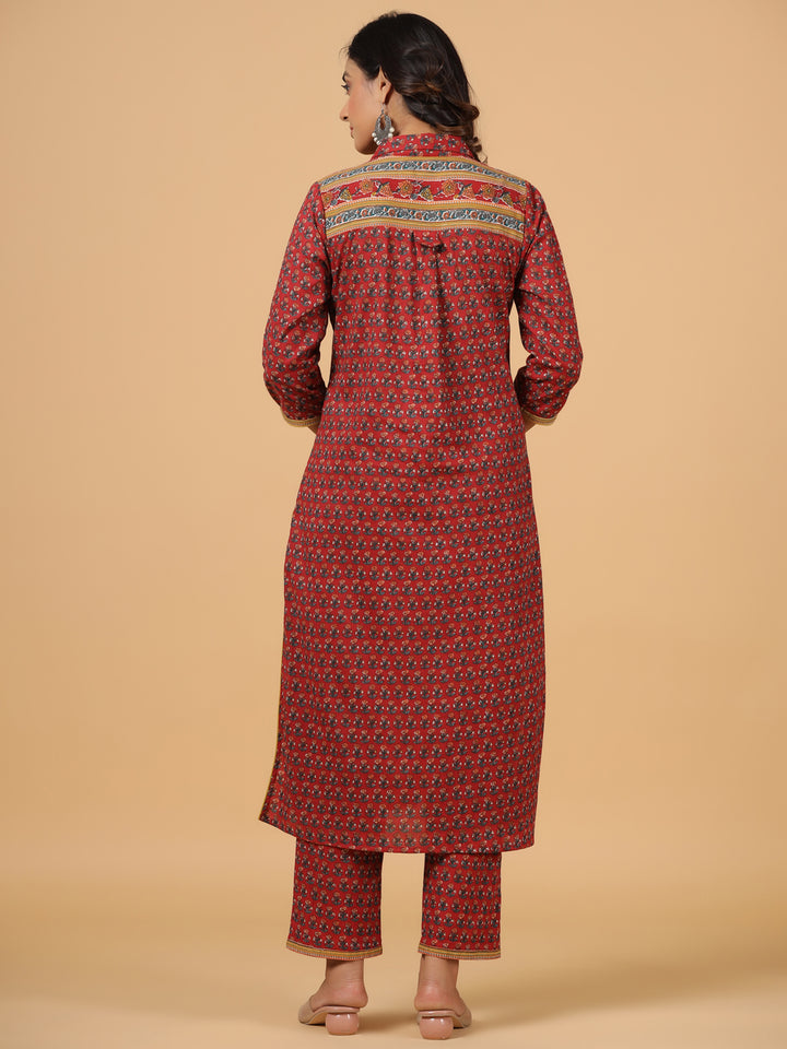 Red Cotton Printed Shirt Collar Kurta Pant Set
