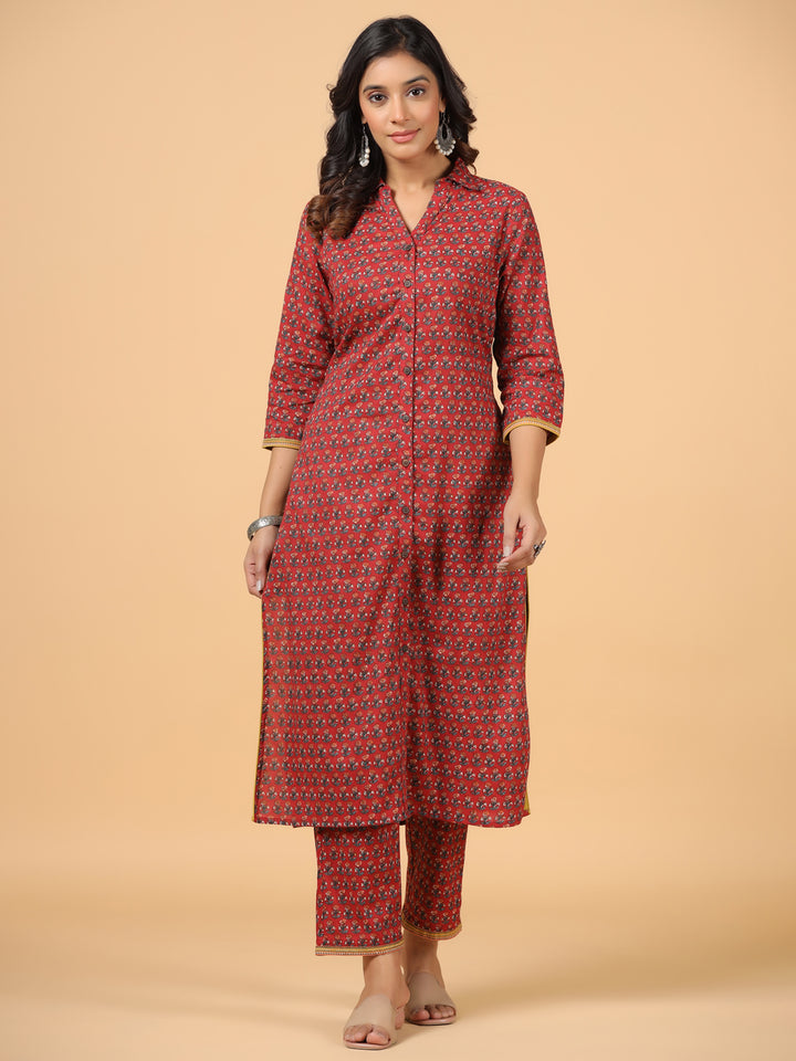 Red Cotton Printed Shirt Collar Kurta Pant Set