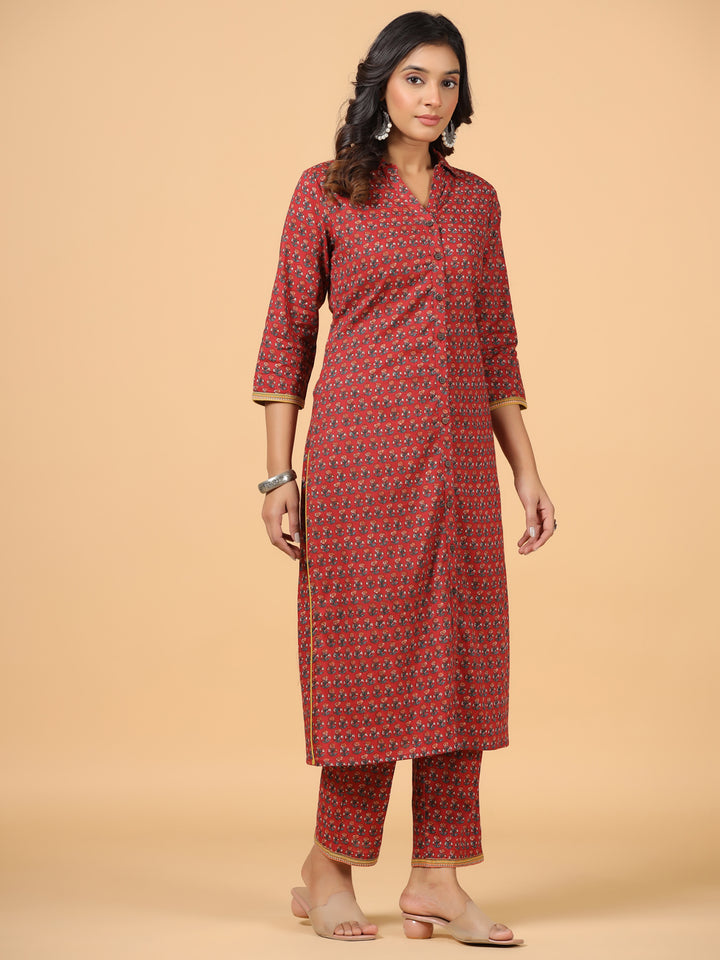 Red Cotton Printed Shirt Collar Kurta Pant Set