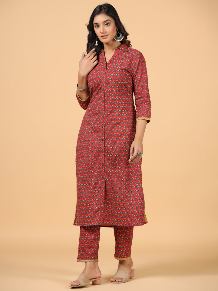 Red Cotton Printed Shirt Collar Kurta Pant Set