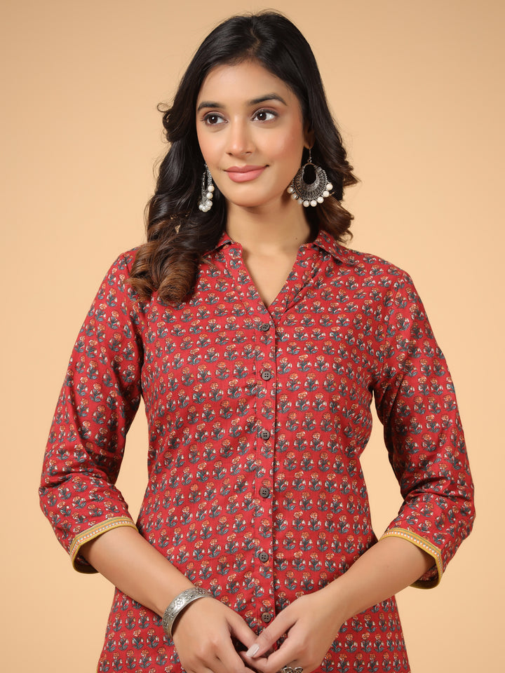 Red Cotton Printed Shirt Collar Kurta Pant Set